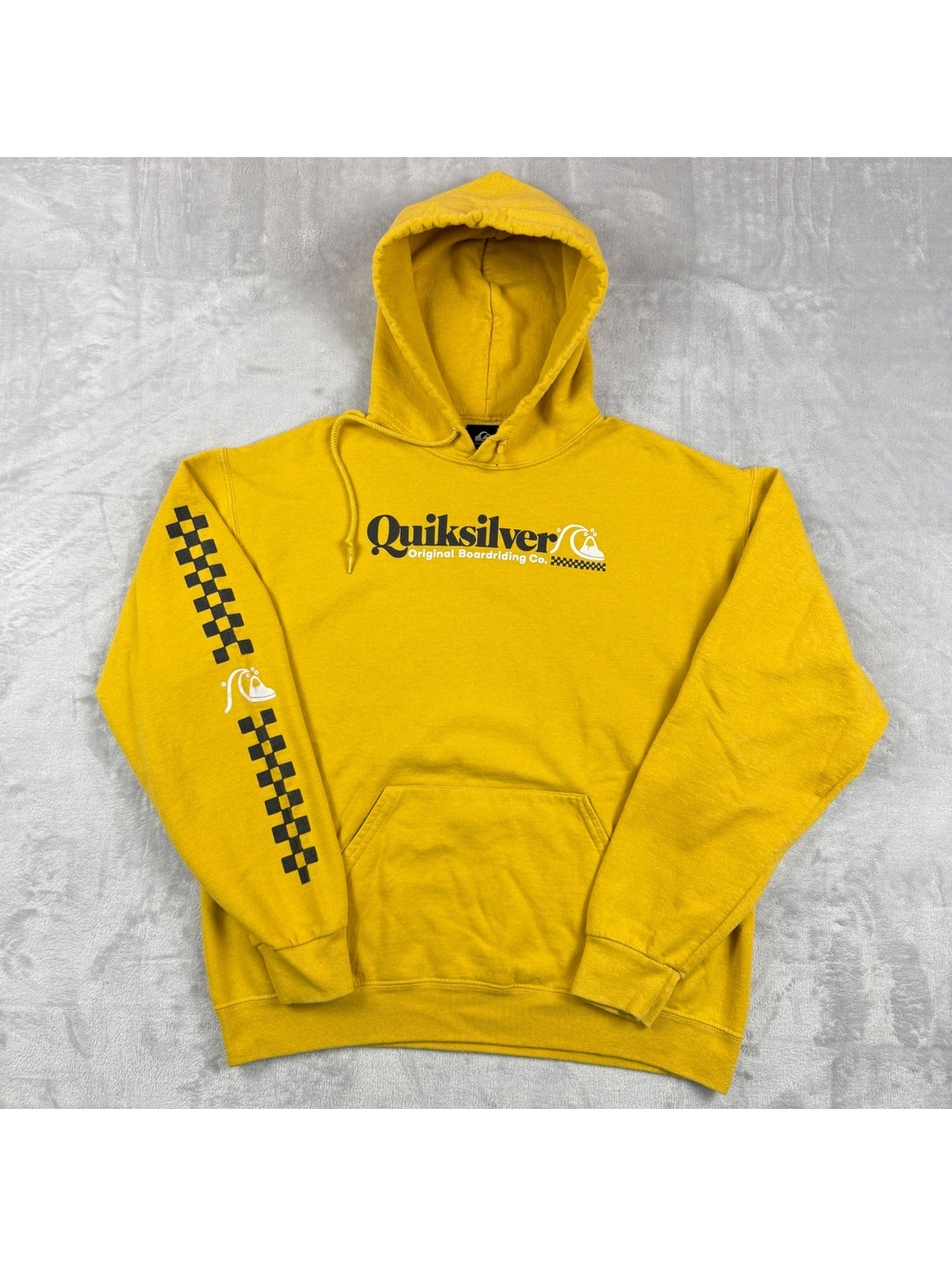 Y2K Quiksilver Men M Yellow Graphic Hoodie Checkerboard Sleeve Surf Skater Retro